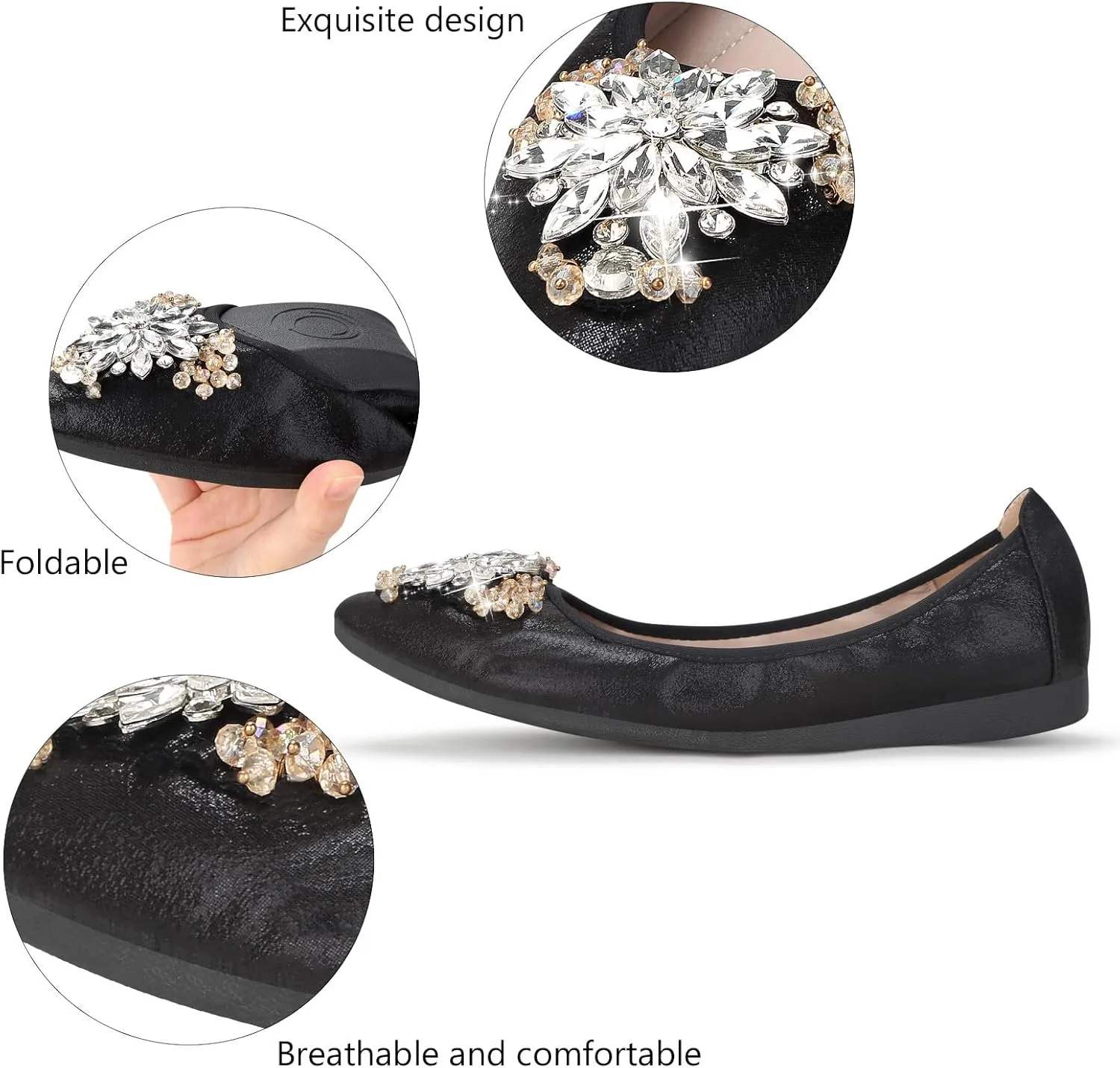 KUNWFNIX Women Ballet Flats Rhinestone Wedding Ballerina Shoes Foldable Sparkly Comfort Slip on Flat Shoes