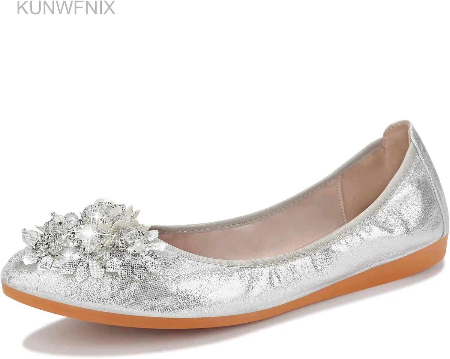 KUNWFNIX Women Ballet Flats Rhinestone Wedding Ballerina Shoes Foldable Sparkly Comfort Slip on Flat Shoes