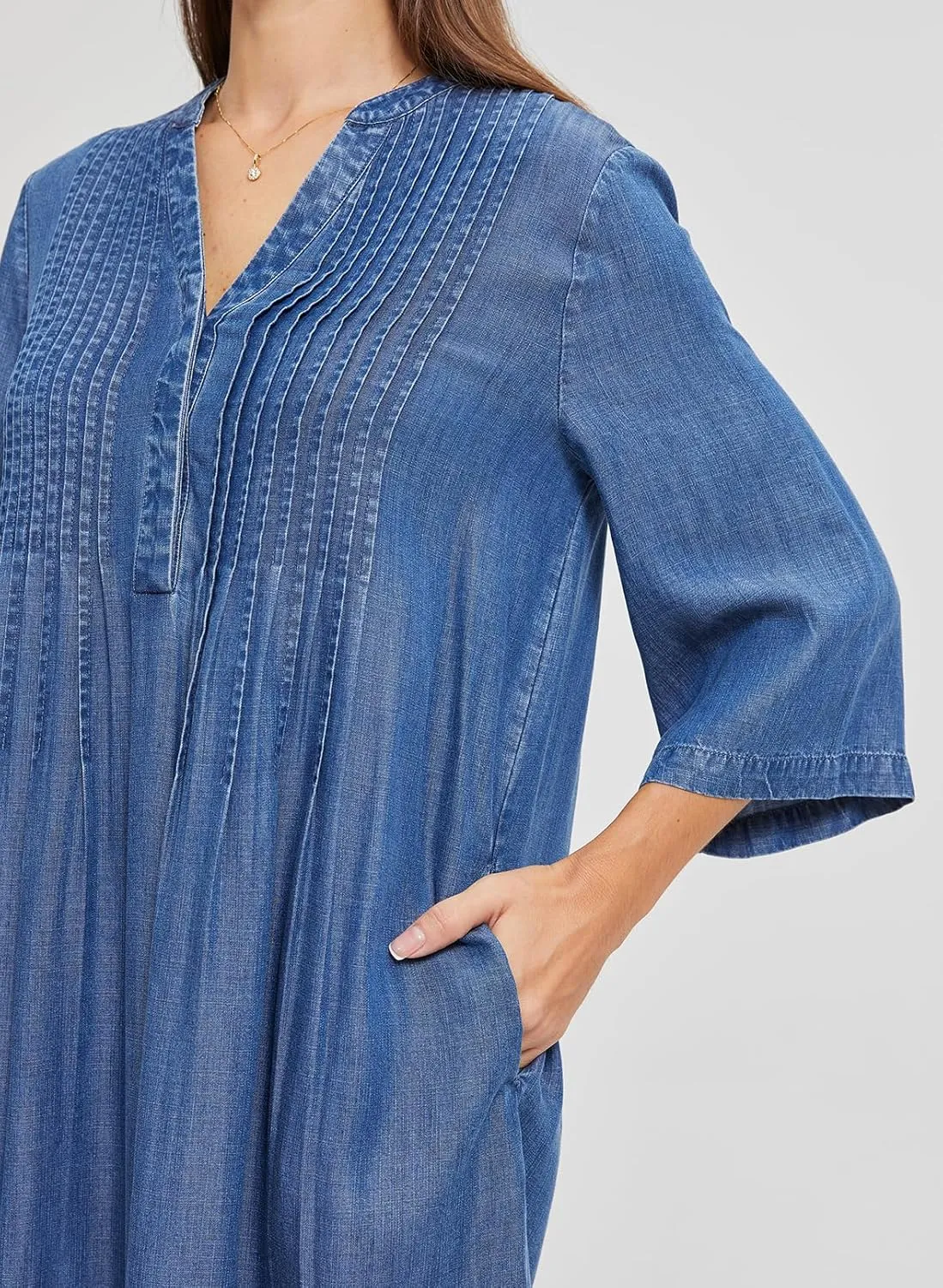 KYAL Women's Denim Short Summer Dress V-Neck Mid-Sleeve Shift Casual Relaxed Beach Party Flowy Dress