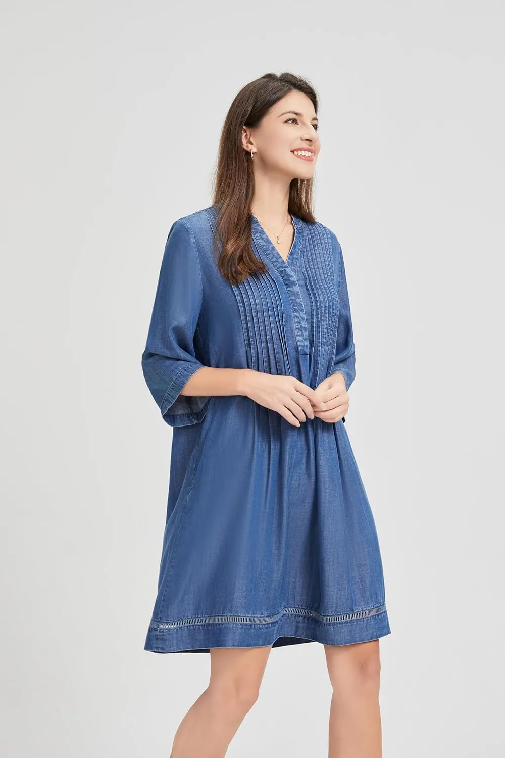 KYAL Women's Denim Short Summer Dress V-Neck Mid-Sleeve Shift Casual Relaxed Beach Party Flowy Dress