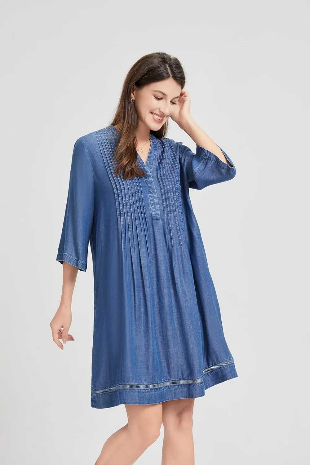 KYAL Women's Denim Short Summer Dress V-Neck Mid-Sleeve Shift Casual Relaxed Beach Party Flowy Dress