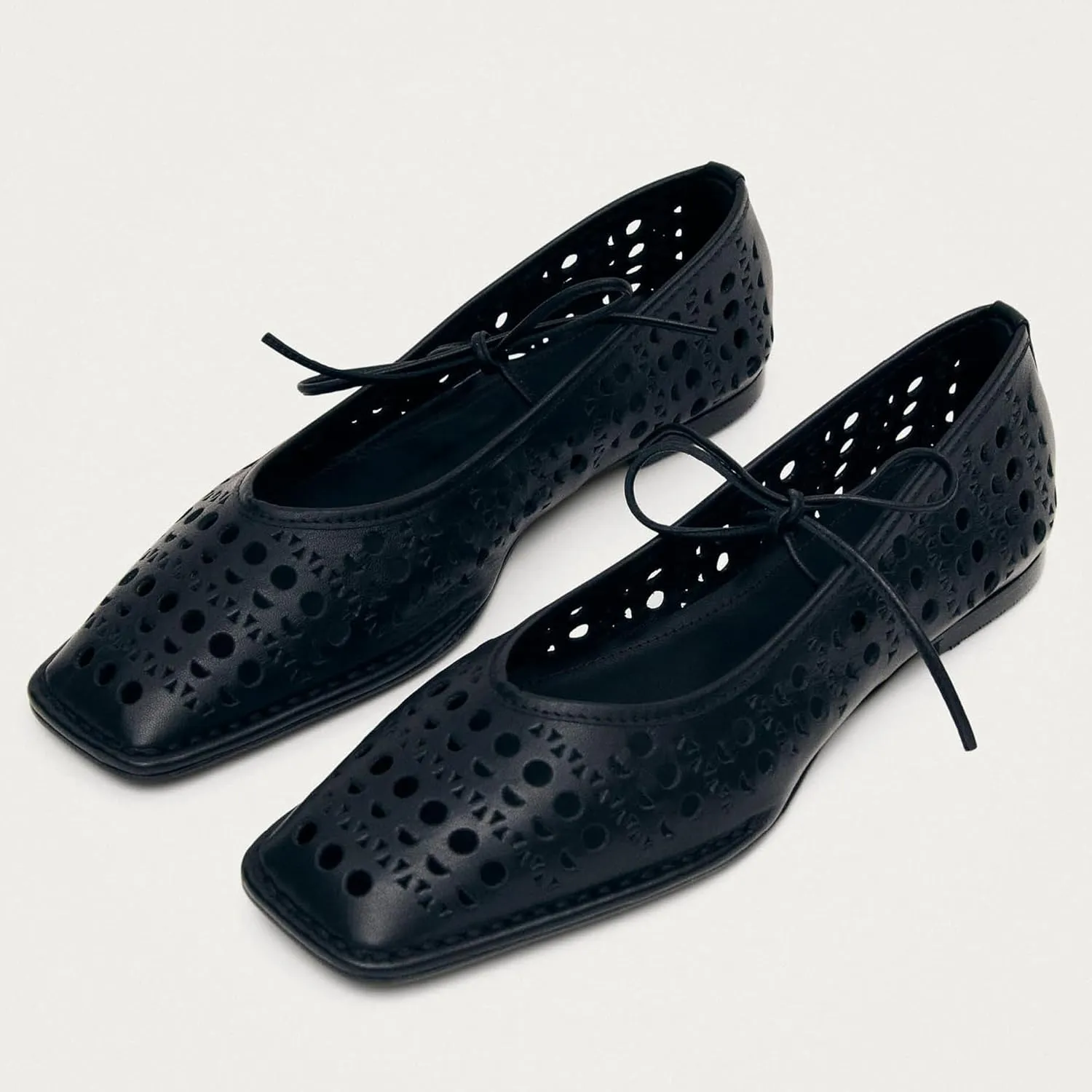Lace Up Ballet Flats for Women Bow Square Toe Mary Jane Flats Slip On Leather Ballerina Shoes
