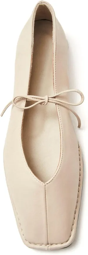 Lace Up Ballet Flats for Women Bow Square Toe Mary Jane Flats Slip On Leather Ballerina Shoes