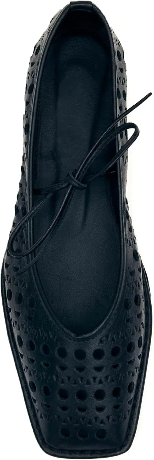 Lace Up Ballet Flats for Women Bow Square Toe Mary Jane Flats Slip On Leather Ballerina Shoes