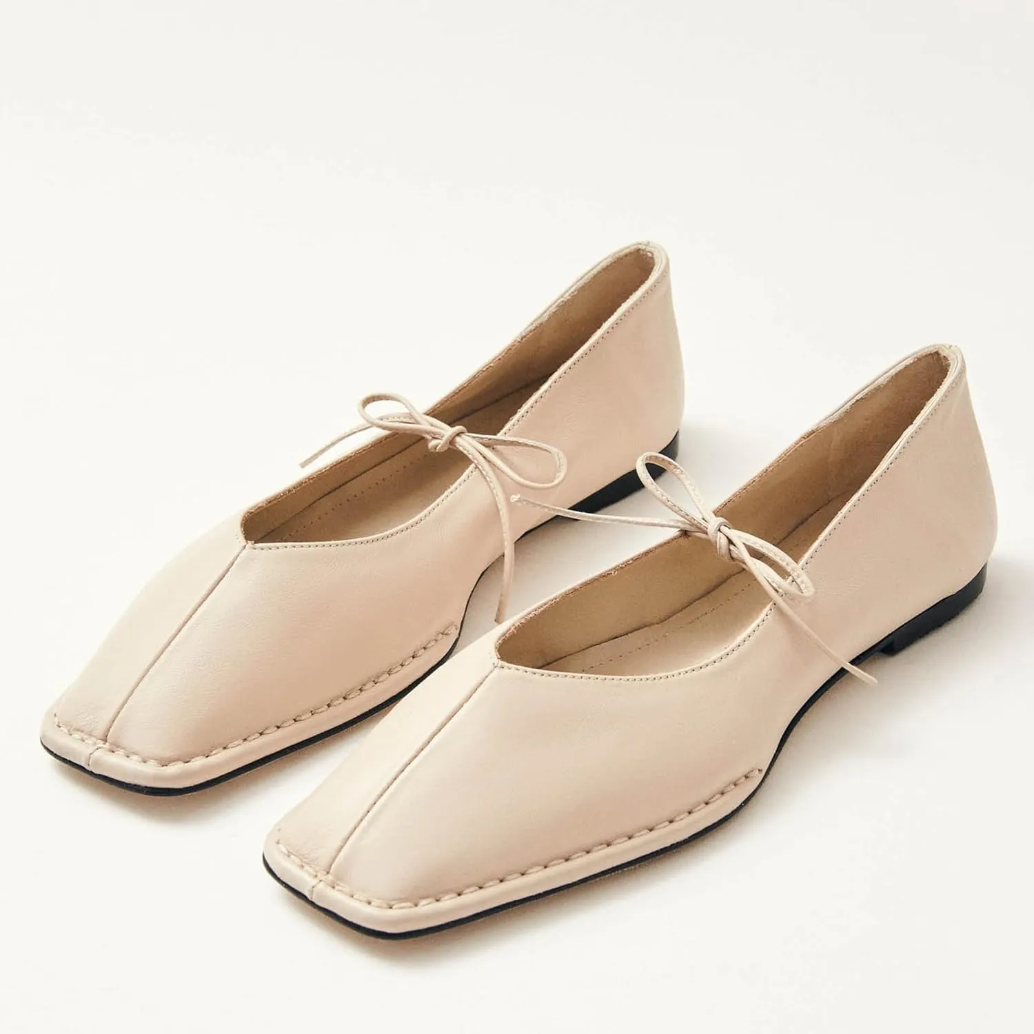 Lace Up Ballet Flats for Women Bow Square Toe Mary Jane Flats Slip On Leather Ballerina Shoes