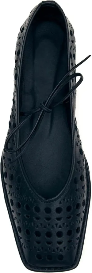 Lace Up Ballet Flats for Women Bow Square Toe Mary Jane Flats Slip On Leather Ballerina Shoes