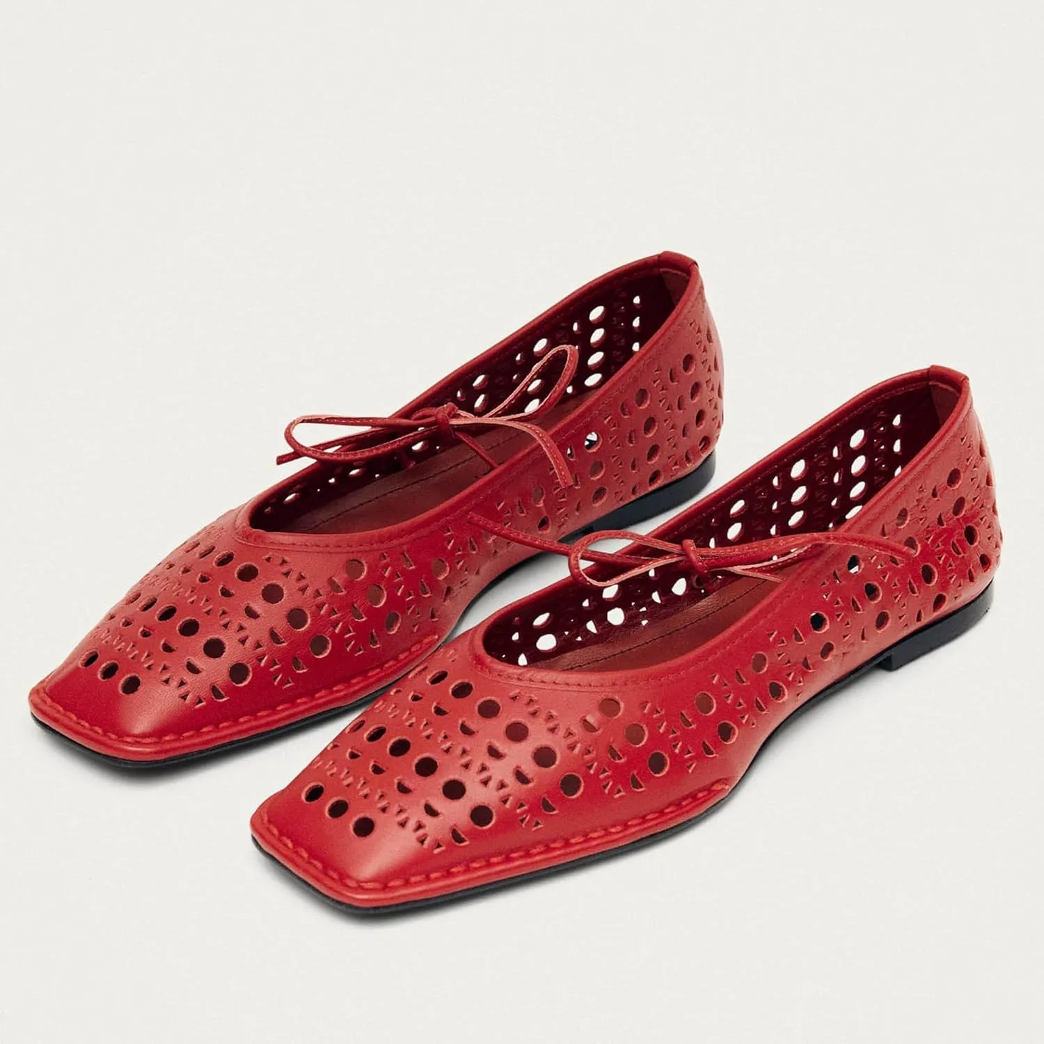 Lace Up Ballet Flats for Women Bow Square Toe Mary Jane Flats Slip On Leather Ballerina Shoes