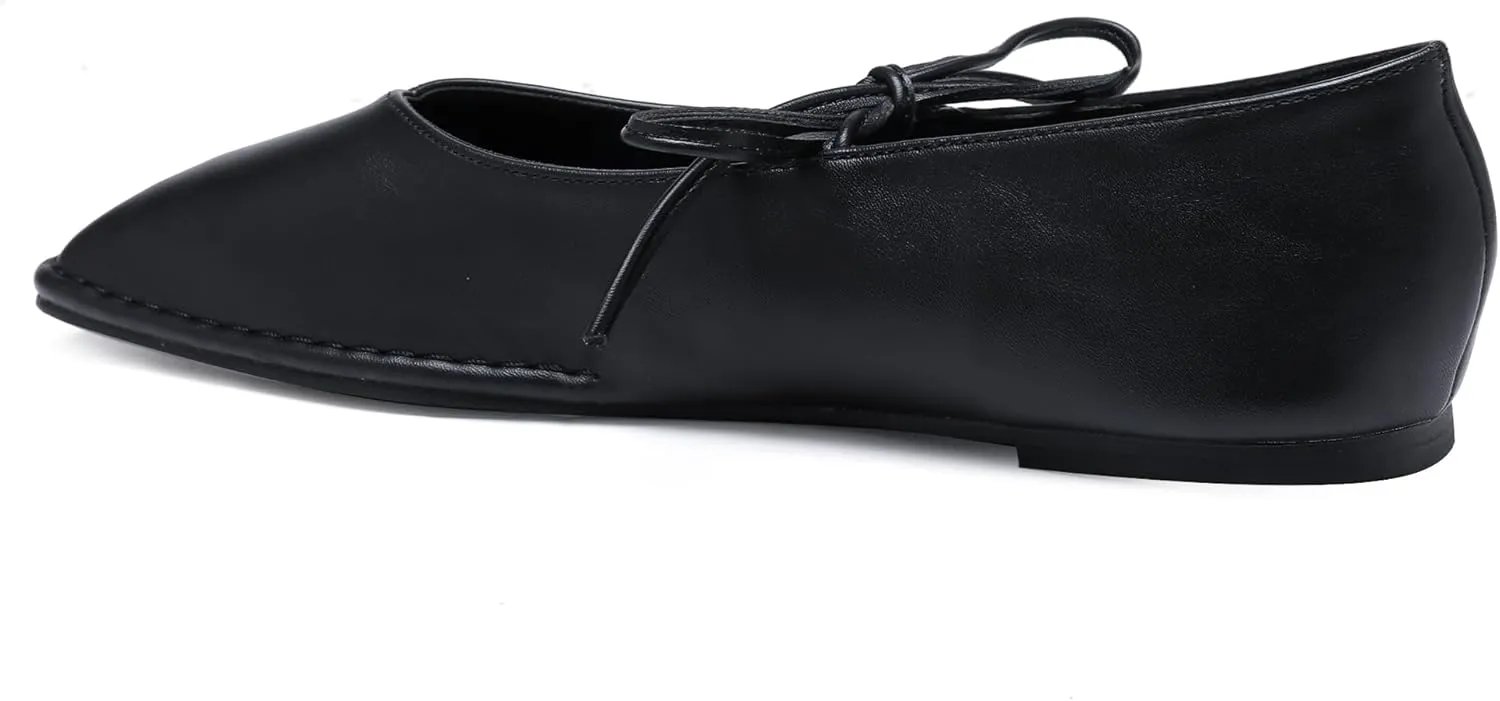 Lace Up Square Toe Ballet Flats for Women Cute Bow Slip On Mary Jane Flats Casual Ballerina Shoes