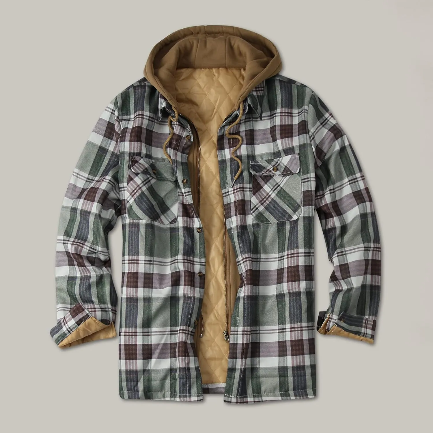 LCMTWX Fleece Plaid Flannel Jacket Print Hooded Zipper Pocket Long Sleeve Shirt Patchwork Jacket Loose Casual Thickened