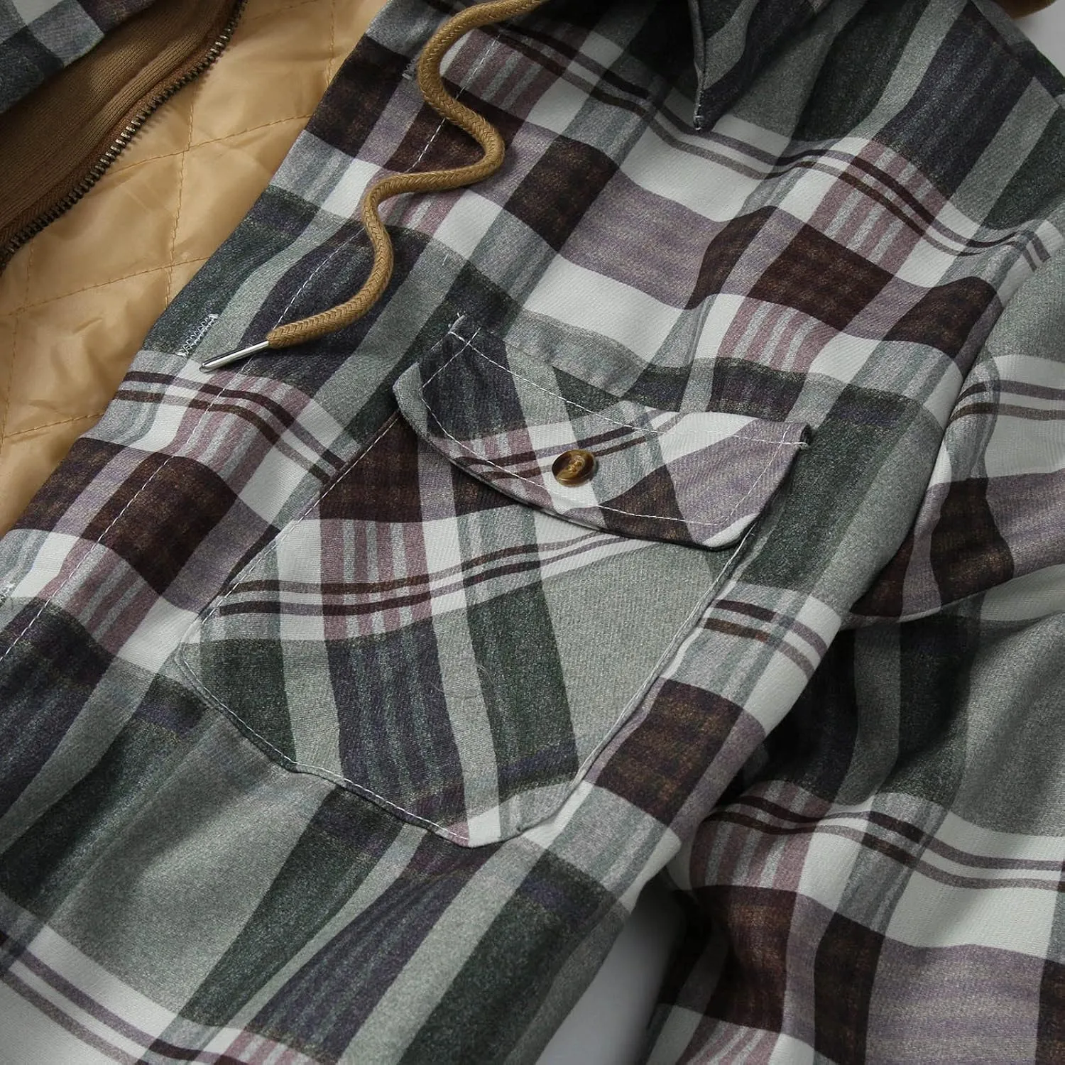 LCMTWX Fleece Plaid Flannel Jacket Print Hooded Zipper Pocket Long Sleeve Shirt Patchwork Jacket Loose Casual Thickened