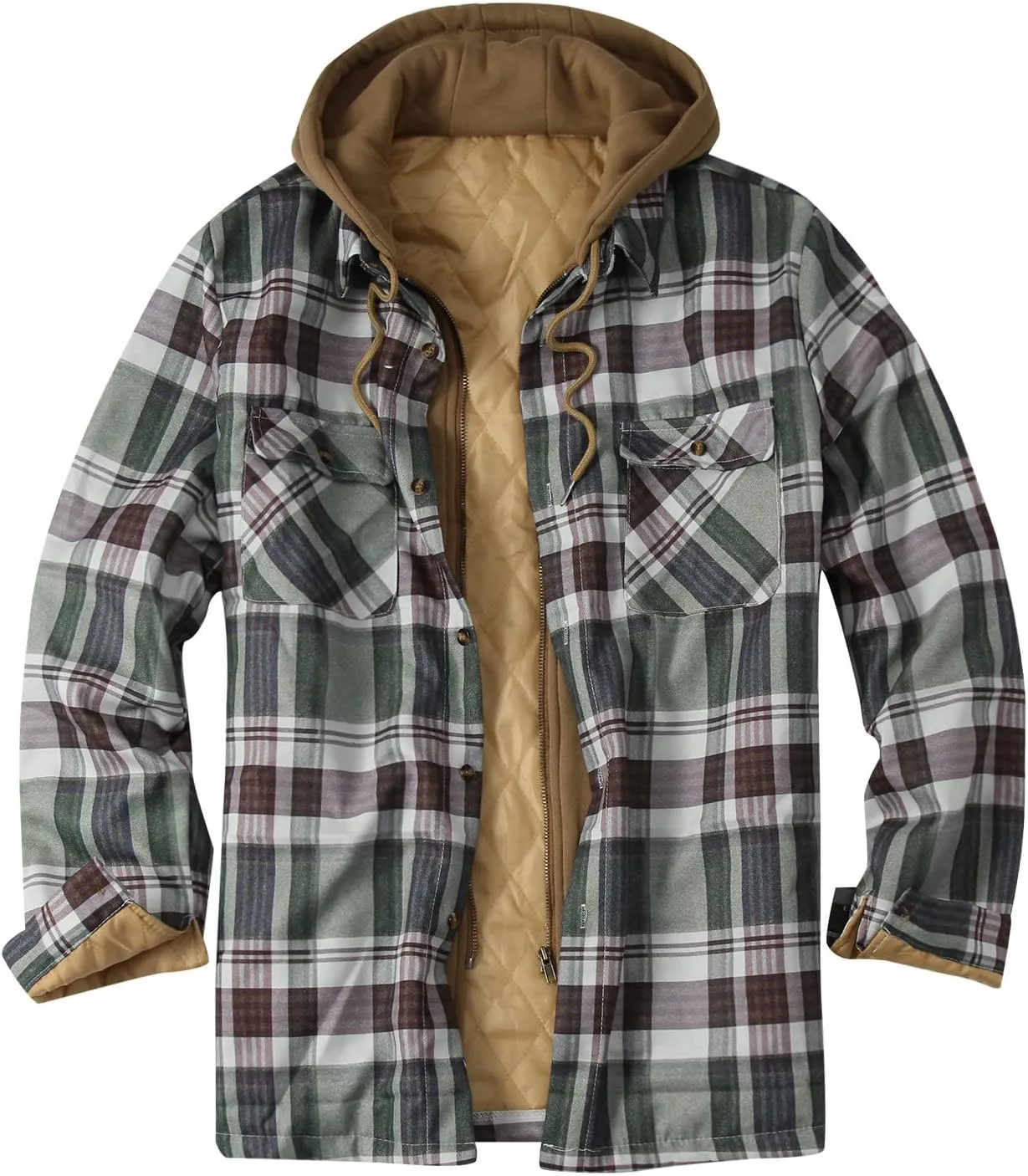 LCMTWX Fleece Plaid Flannel Jacket Print Hooded Zipper Pocket Long Sleeve Shirt Patchwork Jacket Loose Casual Thickened