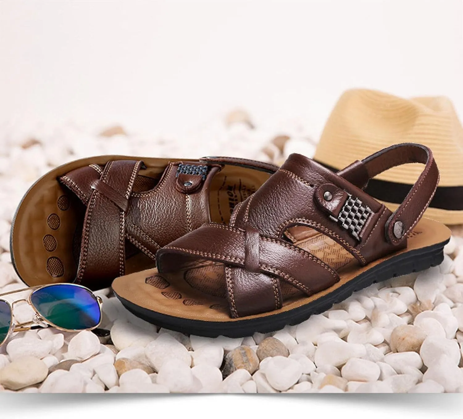 Leather Sandals for Men Outdoor Sports Sandals Breathable Orthopedic Sandals with Non-Slip Sole Comfortable Sandals