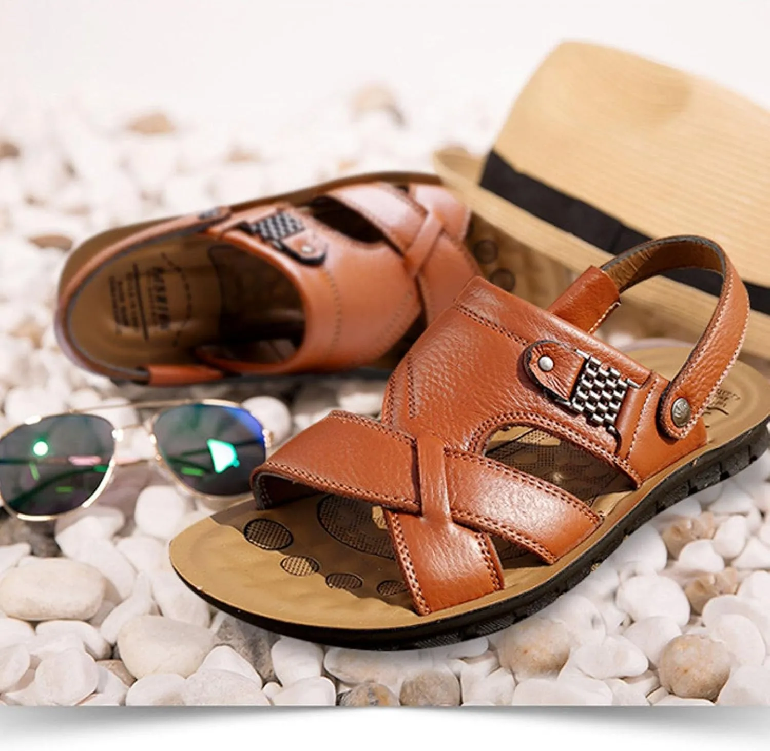 Leather Sandals for Men Outdoor Sports Sandals Breathable Orthopedic Sandals with Non-Slip Sole Comfortable Sandals