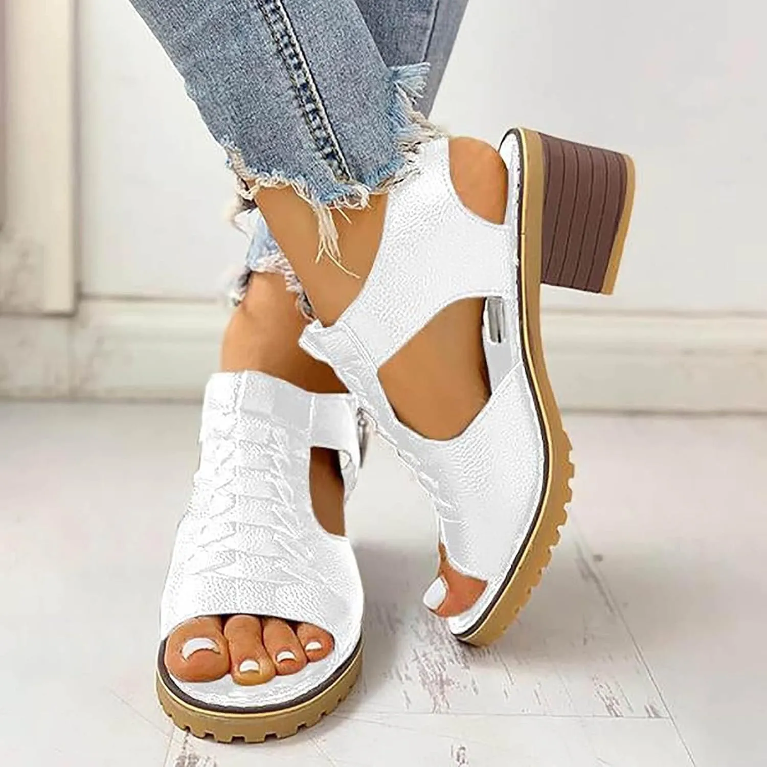 Libiyi Wedges Sandals for Women Dressy 2025, Open Toe Cutout Zipper Chunky Heeled New Hollow Fish Mouth Slip on Summer Beach Boho Comfortable Sandals Outdoor Shoes