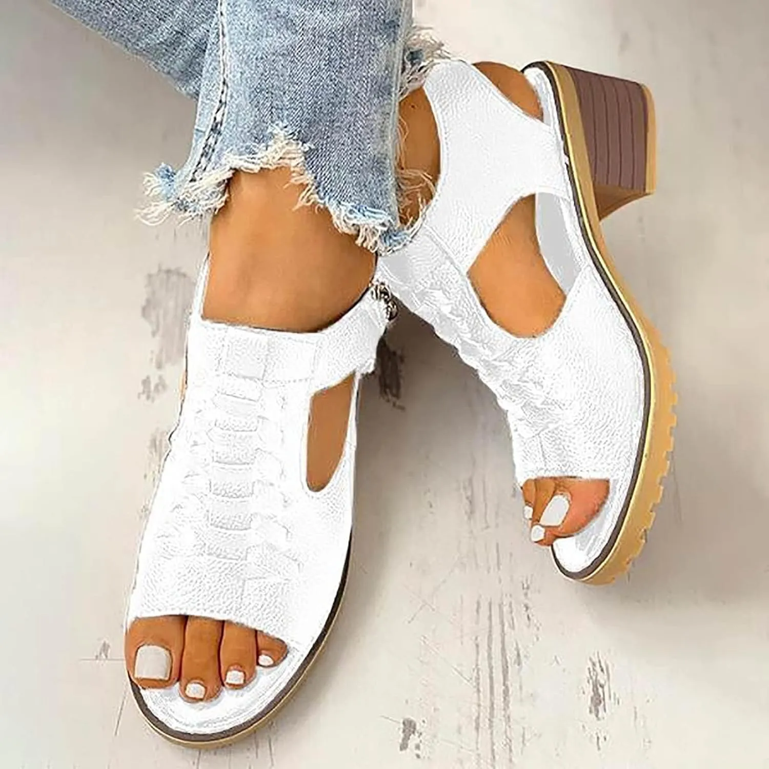 Libiyi Wedges Sandals for Women Dressy 2025, Open Toe Cutout Zipper Chunky Heeled New Hollow Fish Mouth Slip on Summer Beach Boho Comfortable Sandals Outdoor Shoes