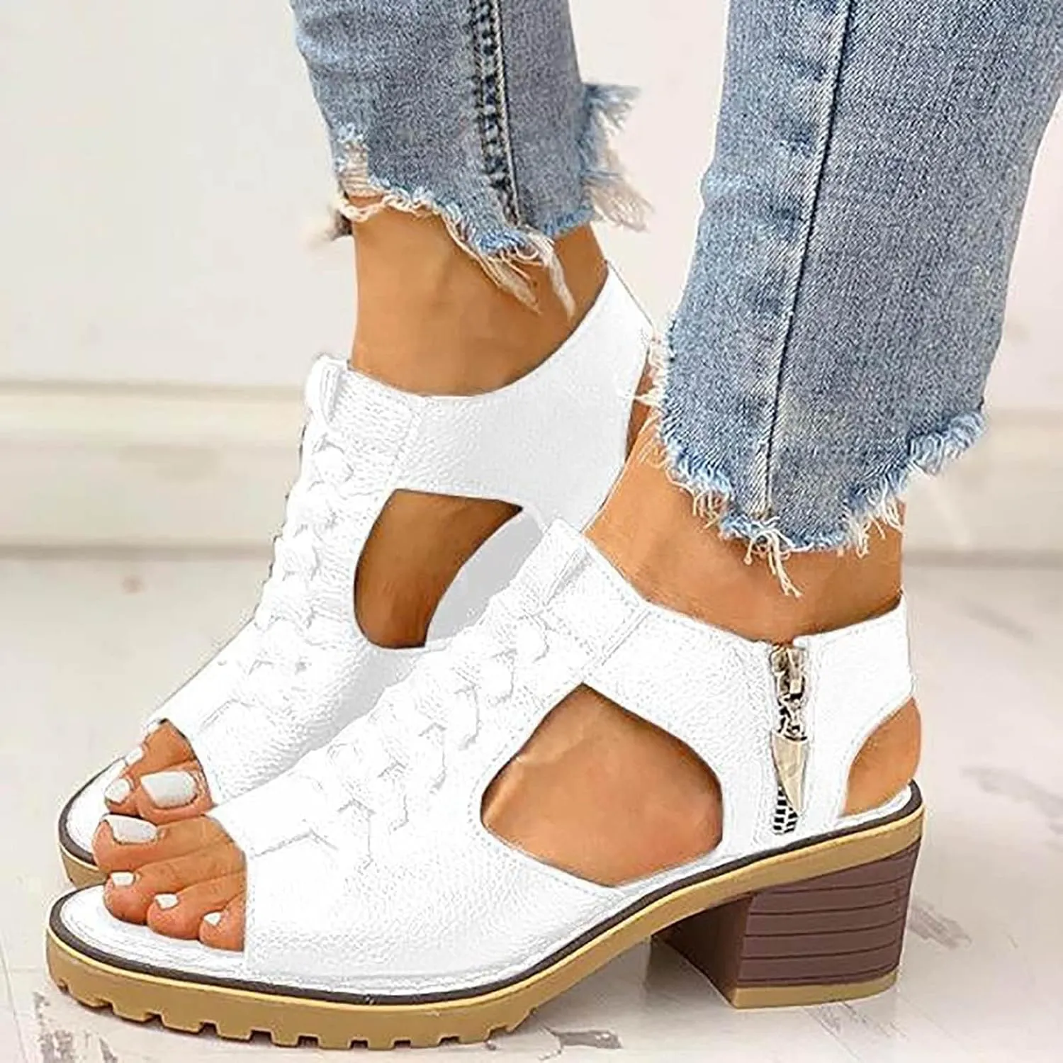 Libiyi Wedges Sandals for Women Dressy 2025, Open Toe Cutout Zipper Chunky Heeled New Hollow Fish Mouth Slip on Summer Beach Boho Comfortable Sandals Outdoor Shoes