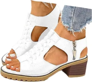 Libiyi Wedges Sandals for Women Dressy 2025, Open Toe Cutout Zipper Chunky Heeled New Hollow Fish Mouth Slip on Summer Beach Boho Comfortable Sandals Outdoor Shoes