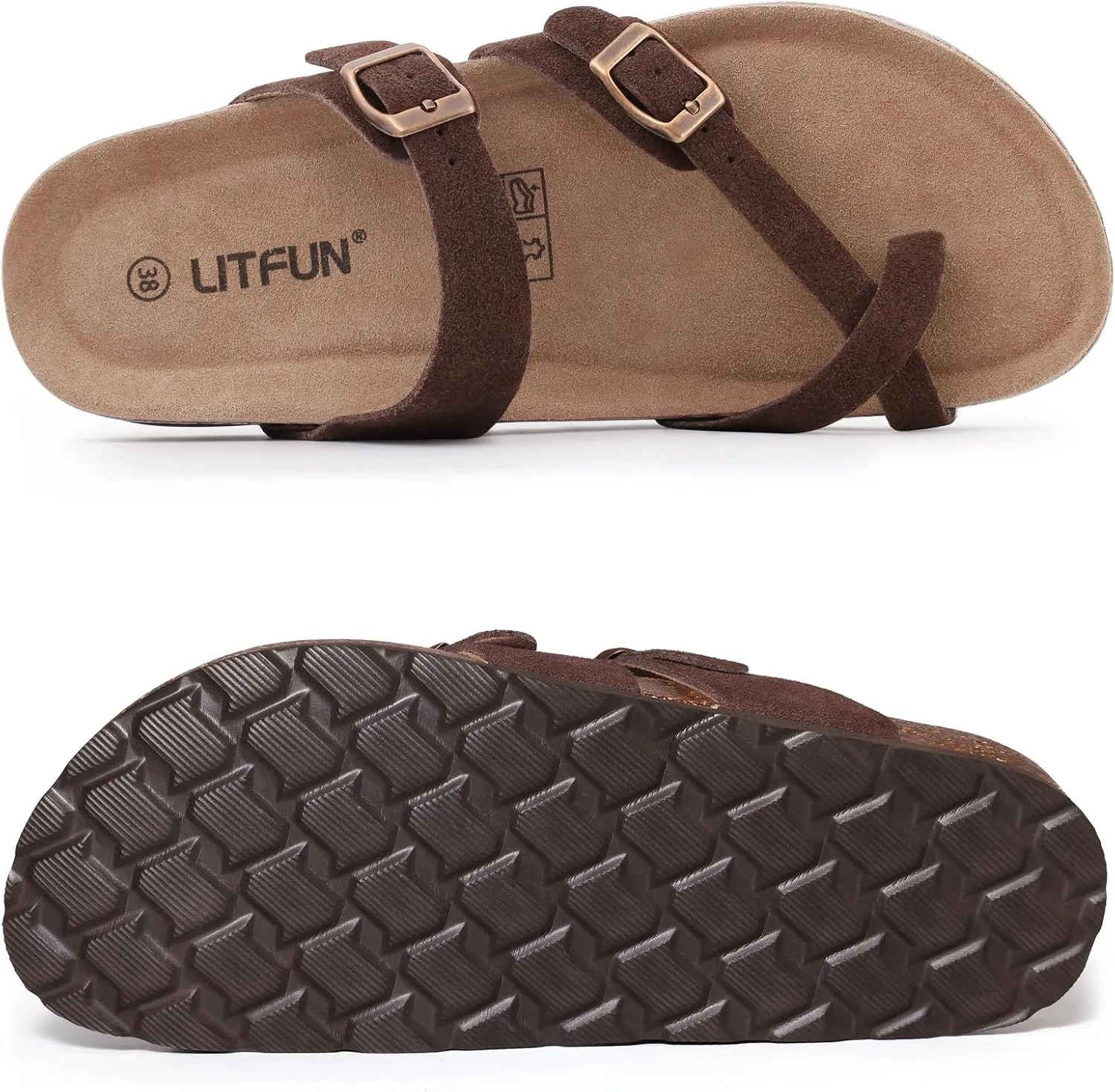 Litfun Women's Genuine Suede Cork Footbed Sandals Comfortable Summer Slides with Adjustable Buckle