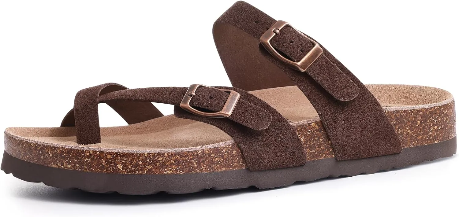 Litfun Women's Genuine Suede Cork Footbed Sandals Comfortable Summer Slides with Adjustable Buckle