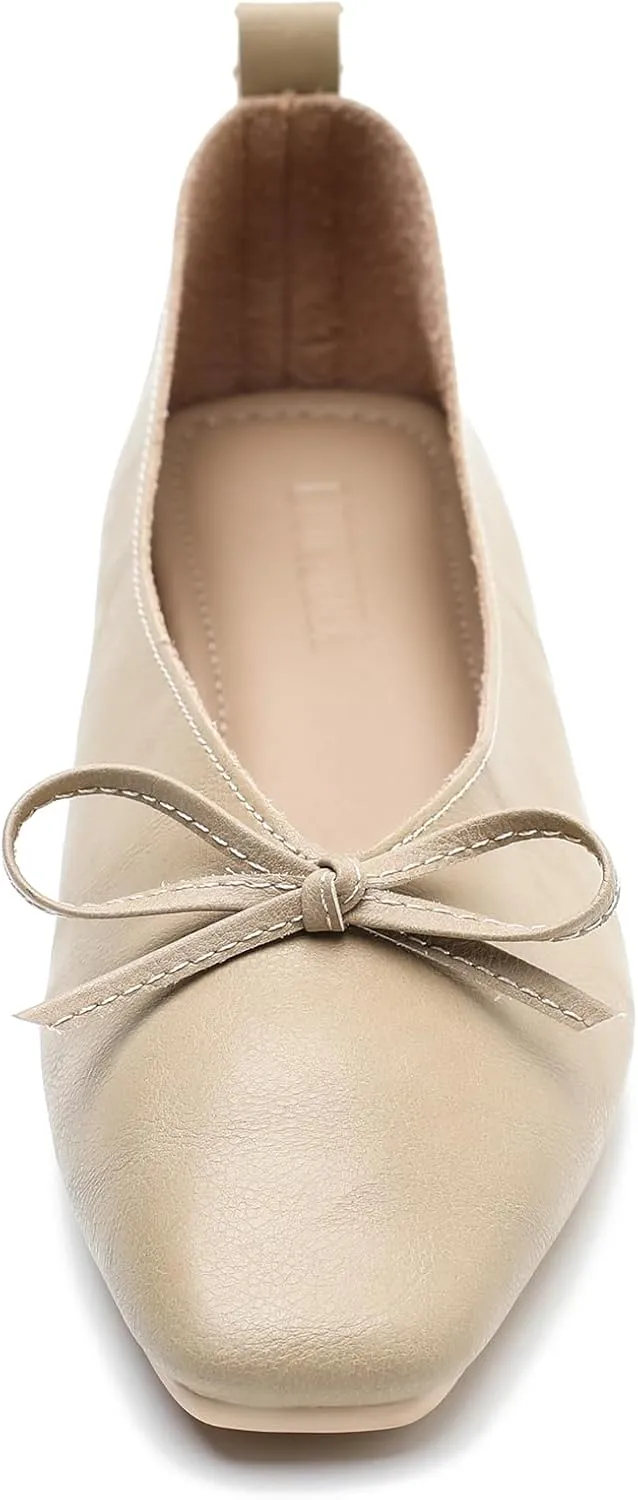 LIURUIJIA Women's Slip On Bowknot Ballet Flats Square Toe Lightweight Casual Dressy Comfortable Work Low Heels Retro Dress Shoes