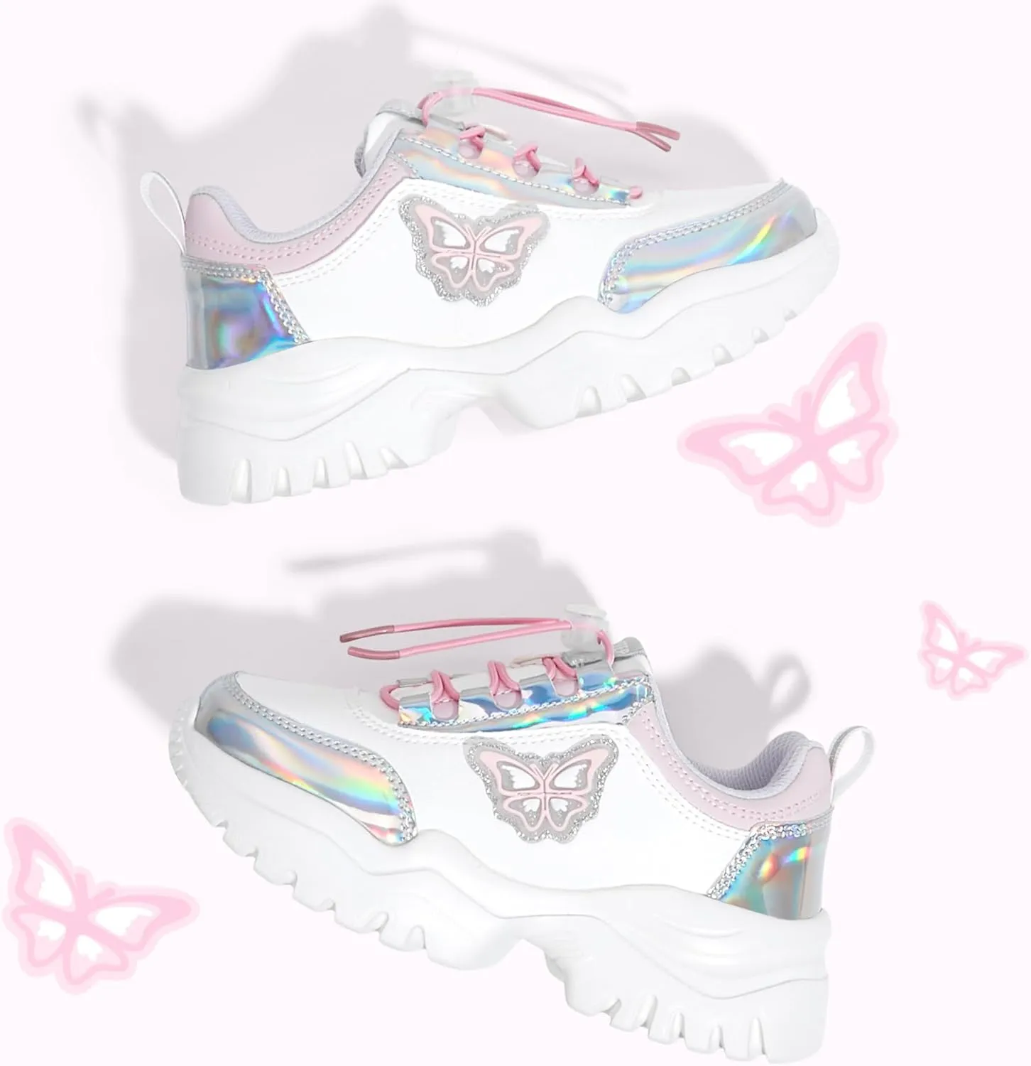 LUCKY STEP Kids Chunky Sneakers Fashion Platform Walking Tennis Shoe Sparkly Butterfly Faux Leather Elastic No-tie Laces School Shoes for Girls Boys