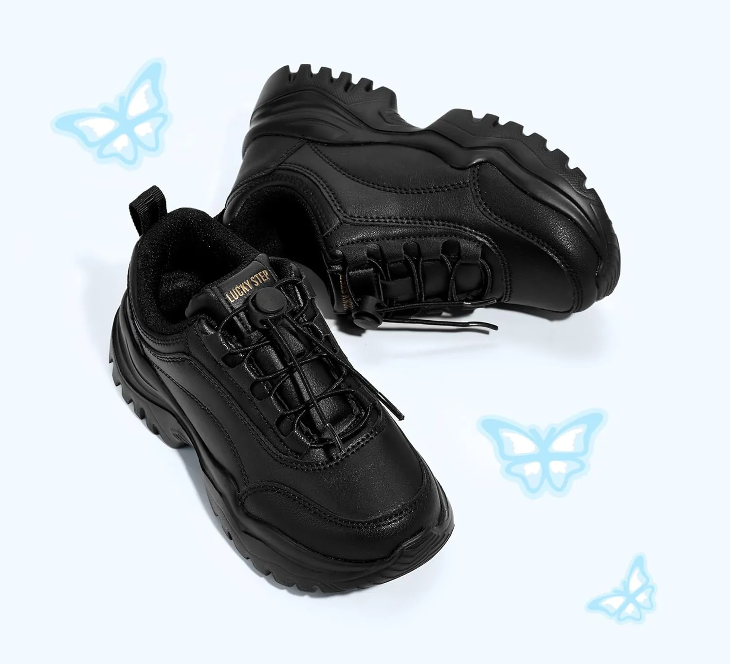 LUCKY STEP Kids Chunky Sneakers Fashion Platform Walking Tennis Shoe Sparkly Butterfly Faux Leather Elastic No-tie Laces School Shoes for Girls Boys
