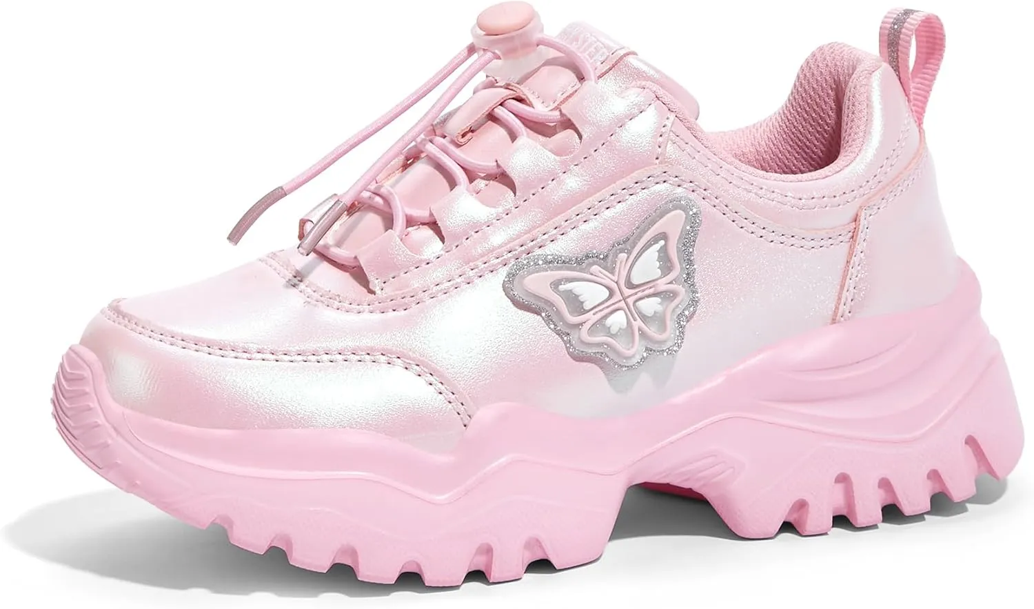 LUCKY STEP Kids Chunky Sneakers Fashion Platform Walking Tennis Shoe Sparkly Butterfly Faux Leather Elastic No-tie Laces School Shoes for Girls Boys