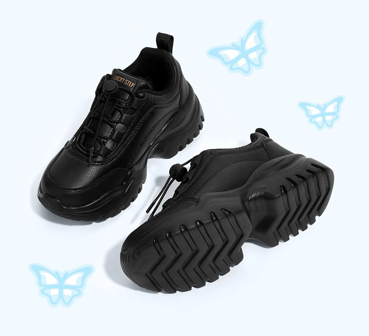 LUCKY STEP Kids Chunky Sneakers Fashion Platform Walking Tennis Shoe Sparkly Butterfly Faux Leather Elastic No-tie Laces School Shoes for Girls Boys