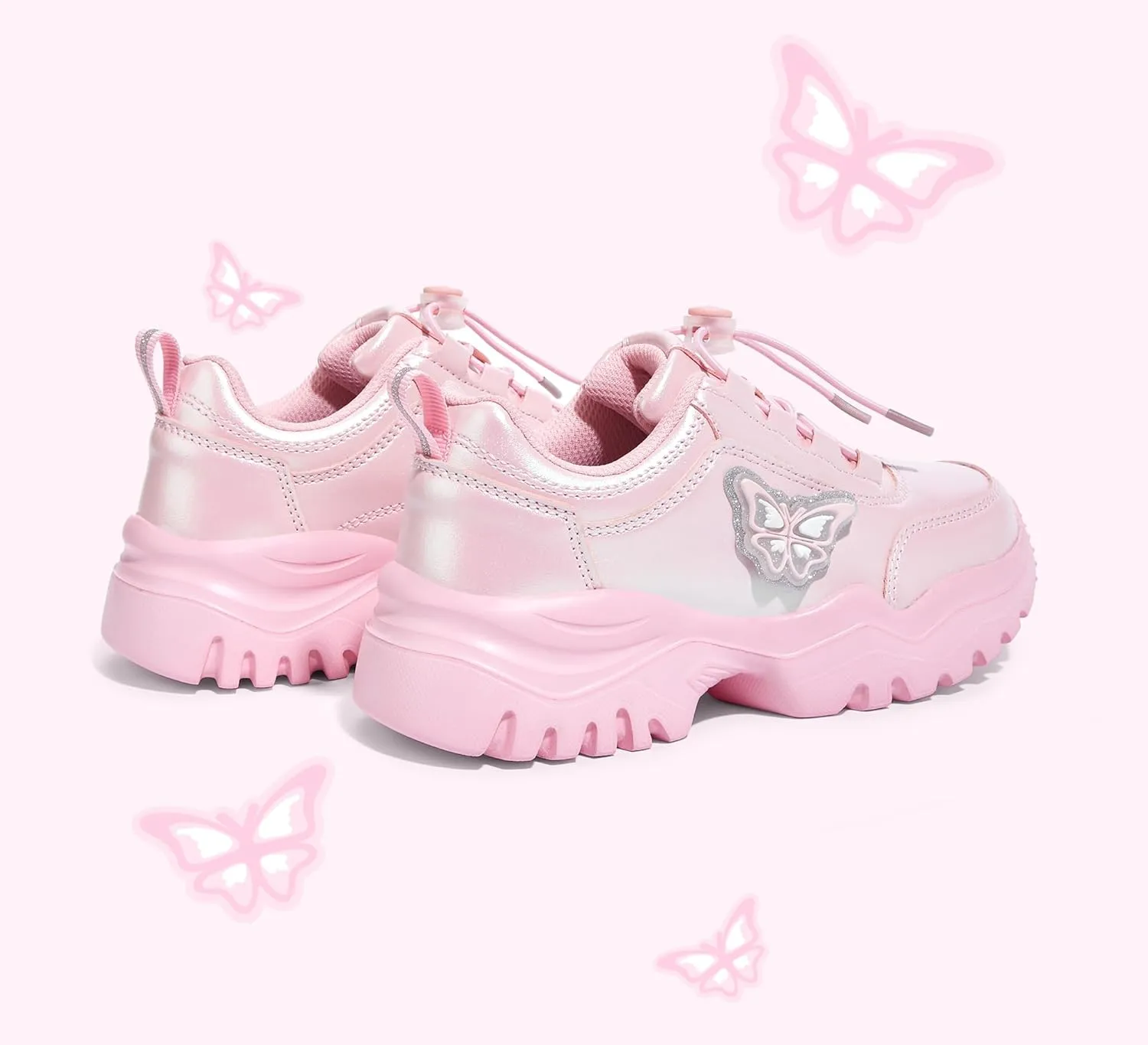 LUCKY STEP Kids Chunky Sneakers Fashion Platform Walking Tennis Shoe Sparkly Butterfly Faux Leather Elastic No-tie Laces School Shoes for Girls Boys