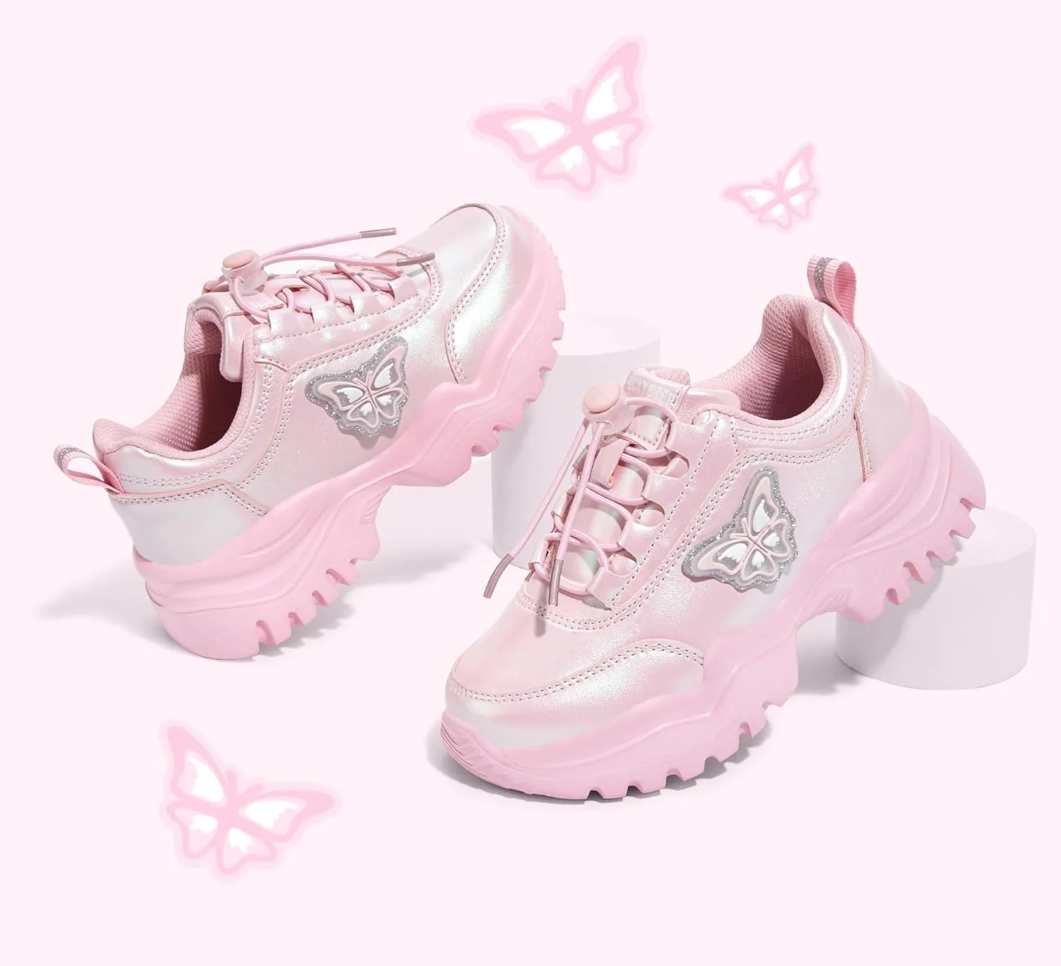 LUCKY STEP Kids Chunky Sneakers Fashion Platform Walking Tennis Shoe Sparkly Butterfly Faux Leather Elastic No-tie Laces School Shoes for Girls Boys