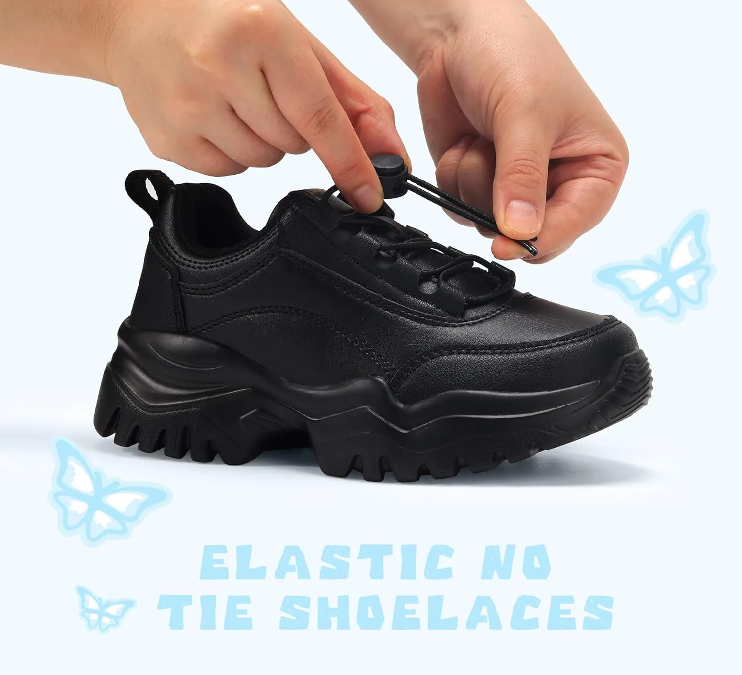 LUCKY STEP Kids Chunky Sneakers Fashion Platform Walking Tennis Shoe Sparkly Butterfly Faux Leather Elastic No-tie Laces School Shoes for Girls Boys