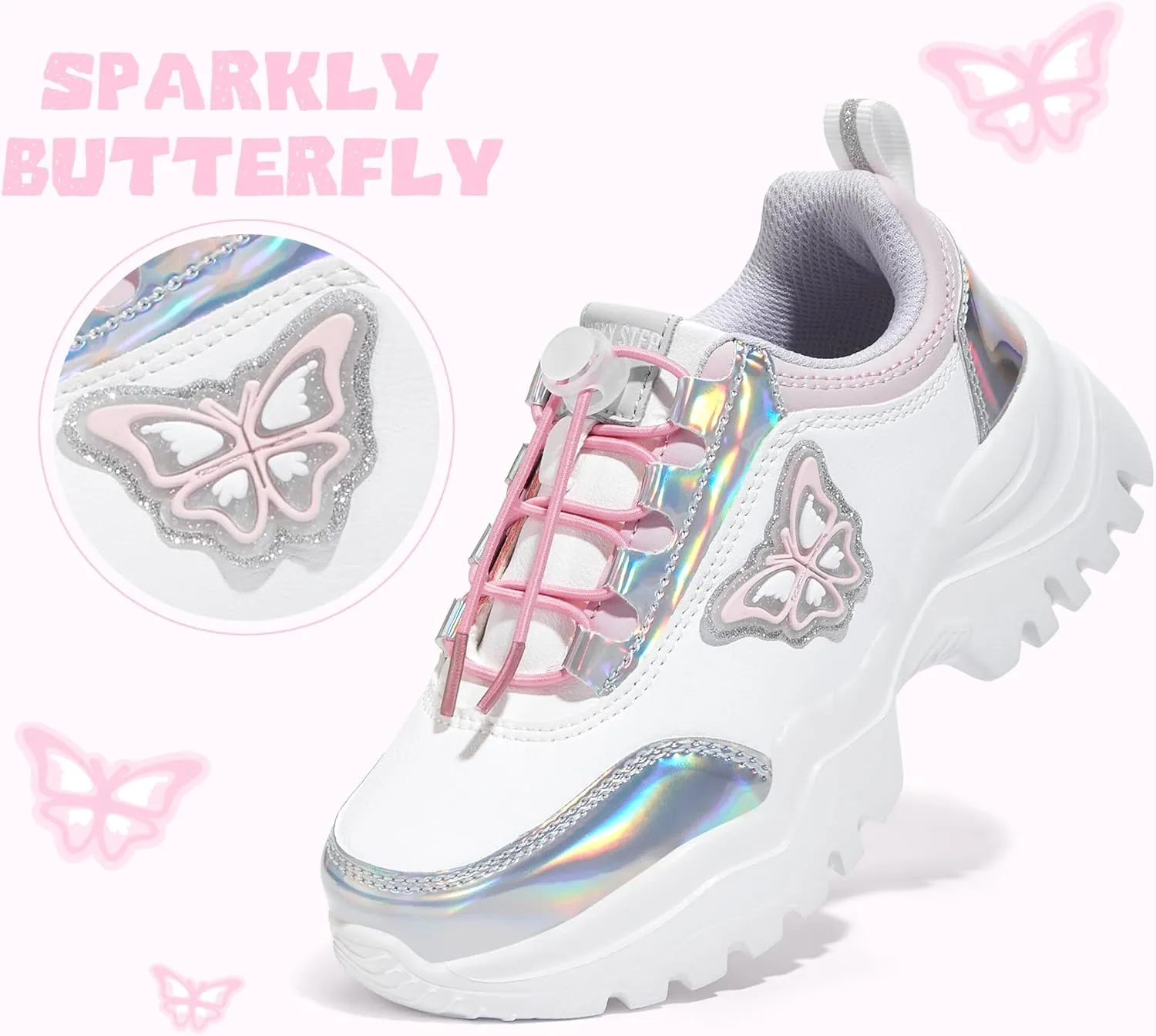 LUCKY STEP Kids Chunky Sneakers Fashion Platform Walking Tennis Shoe Sparkly Butterfly Faux Leather Elastic No-tie Laces School Shoes for Girls Boys