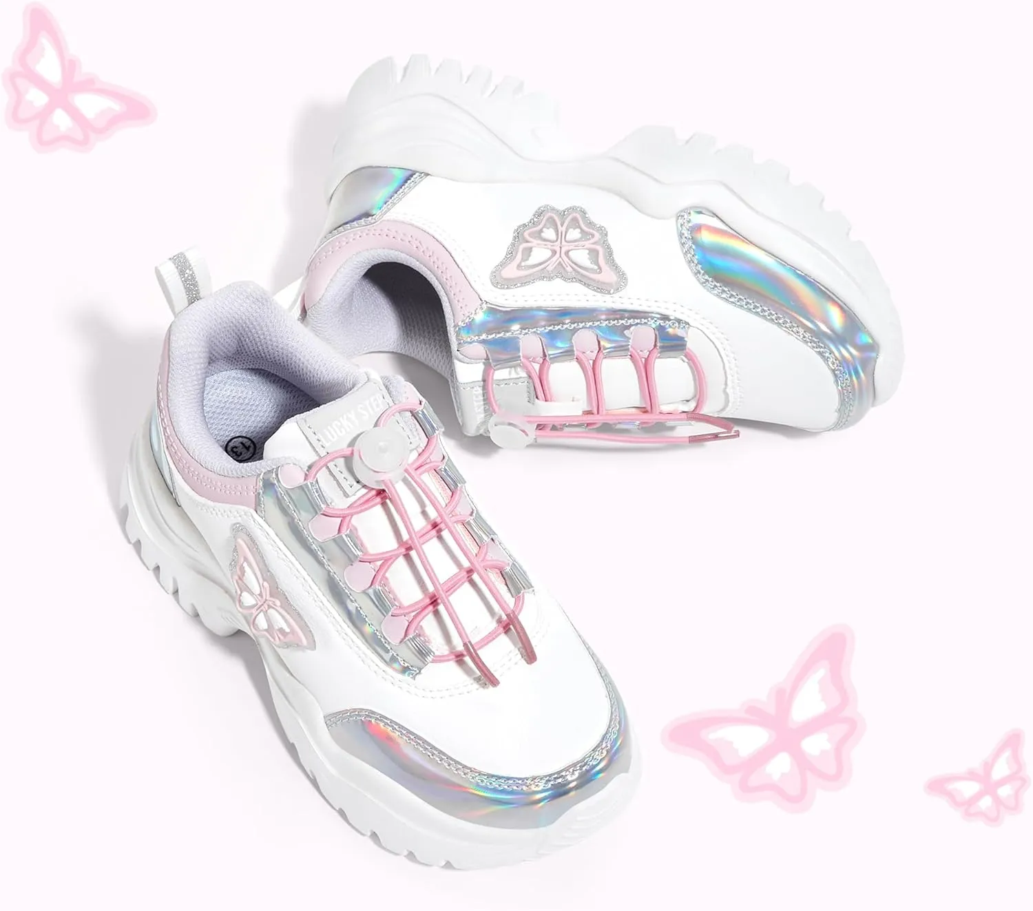 LUCKY STEP Kids Chunky Sneakers Fashion Platform Walking Tennis Shoe Sparkly Butterfly Faux Leather Elastic No-tie Laces School Shoes for Girls Boys