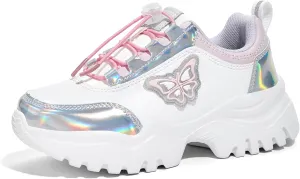 LUCKY STEP Kids Chunky Sneakers Fashion Platform Walking Tennis Shoe Sparkly Butterfly Faux Leather Elastic No-tie Laces School Shoes for Girls Boys