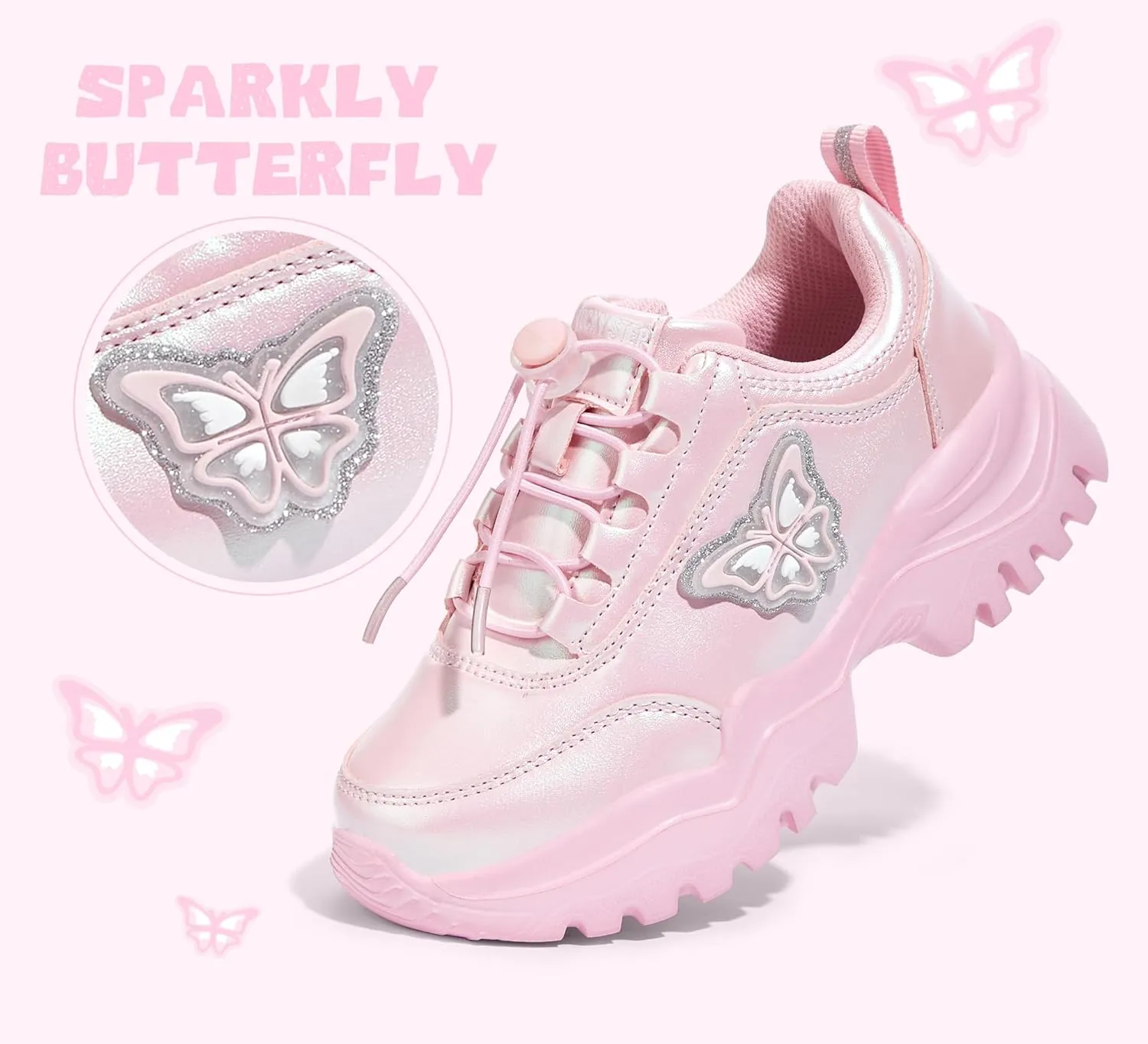 LUCKY STEP Kids Chunky Sneakers Fashion Platform Walking Tennis Shoe Sparkly Butterfly Faux Leather Elastic No-tie Laces School Shoes for Girls Boys