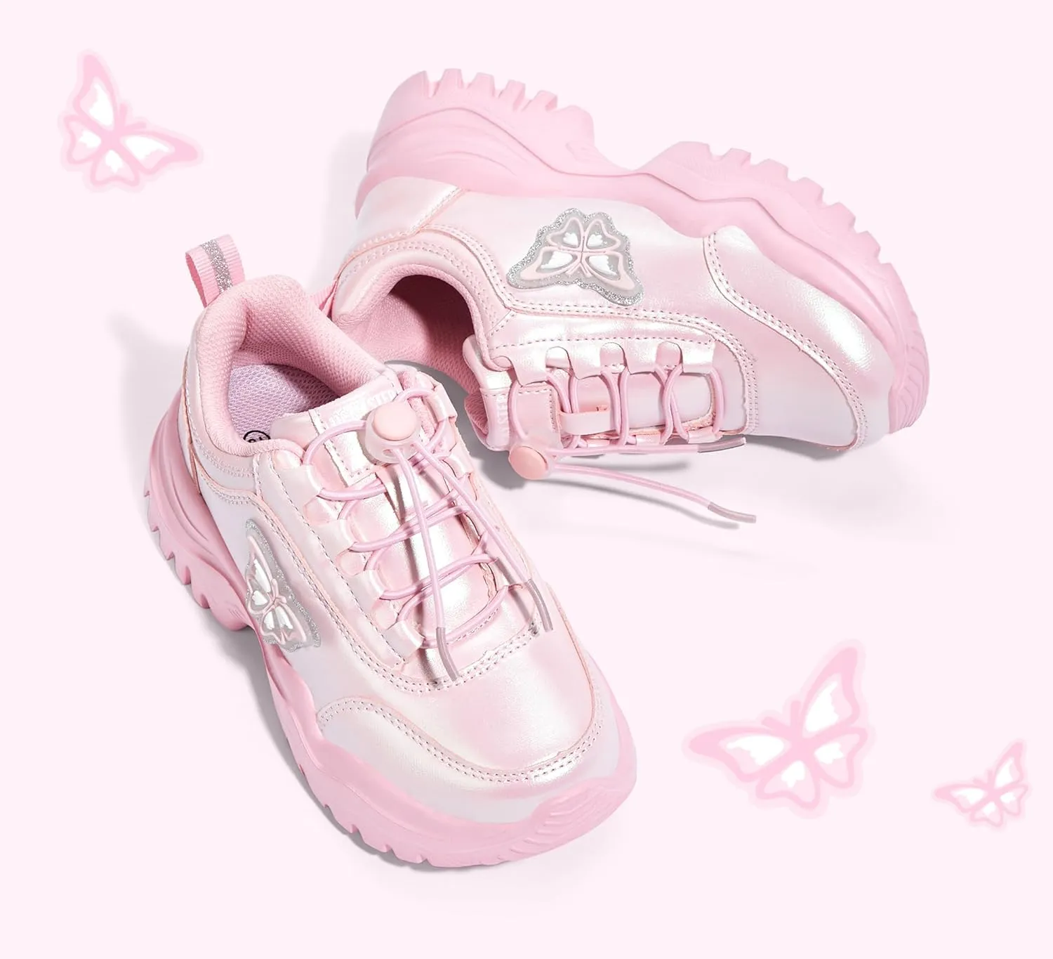 LUCKY STEP Kids Chunky Sneakers Fashion Platform Walking Tennis Shoe Sparkly Butterfly Faux Leather Elastic No-tie Laces School Shoes for Girls Boys