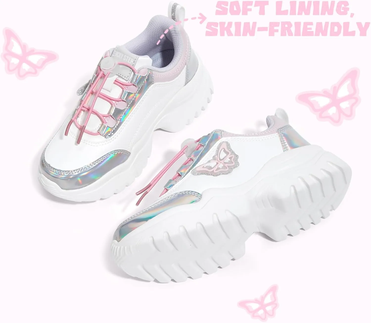 LUCKY STEP Kids Chunky Sneakers Fashion Platform Walking Tennis Shoe Sparkly Butterfly Faux Leather Elastic No-tie Laces School Shoes for Girls Boys