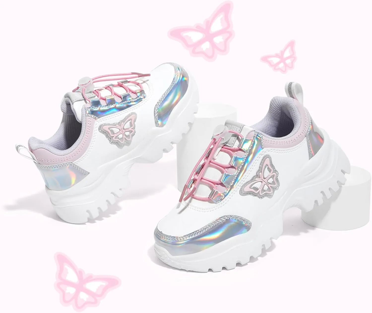 LUCKY STEP Kids Chunky Sneakers Fashion Platform Walking Tennis Shoe Sparkly Butterfly Faux Leather Elastic No-tie Laces School Shoes for Girls Boys