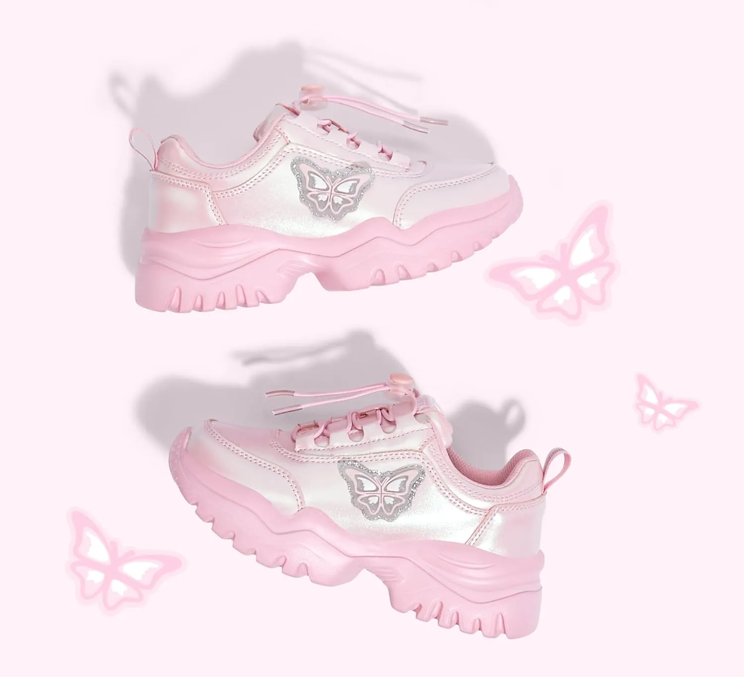 LUCKY STEP Kids Chunky Sneakers Fashion Platform Walking Tennis Shoe Sparkly Butterfly Faux Leather Elastic No-tie Laces School Shoes for Girls Boys