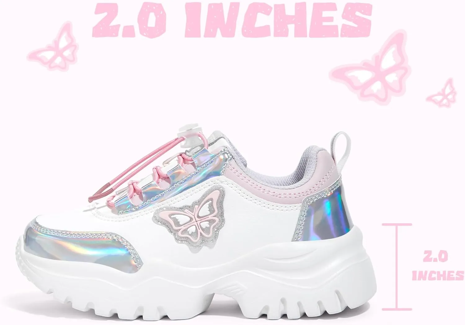 LUCKY STEP Kids Chunky Sneakers Fashion Platform Walking Tennis Shoe Sparkly Butterfly Faux Leather Elastic No-tie Laces School Shoes for Girls Boys