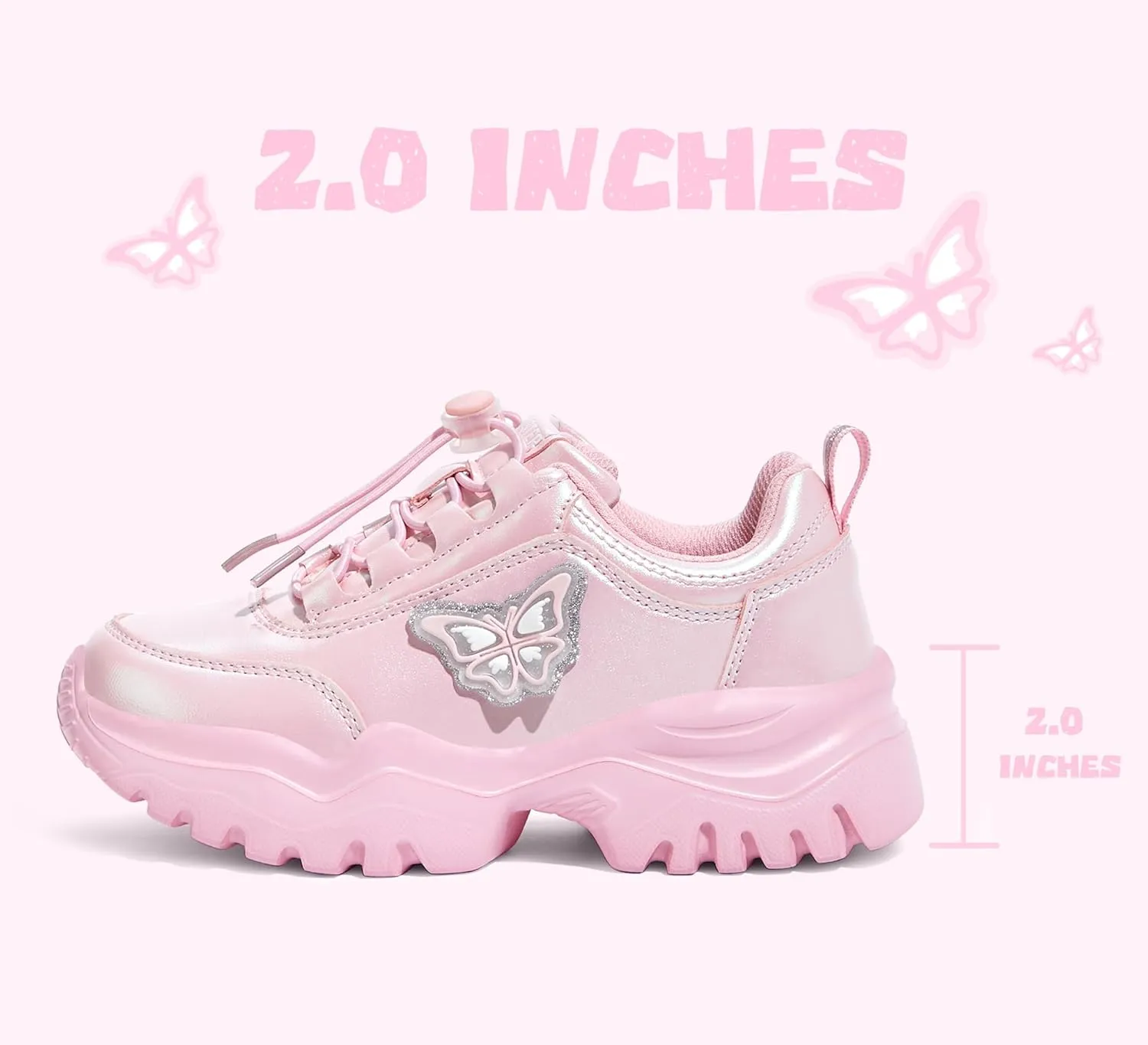 LUCKY STEP Kids Chunky Sneakers Fashion Platform Walking Tennis Shoe Sparkly Butterfly Faux Leather Elastic No-tie Laces School Shoes for Girls Boys