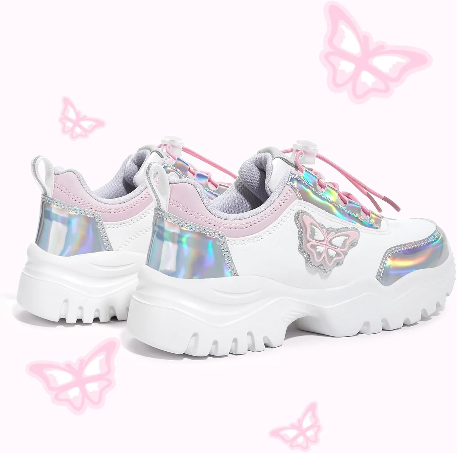 LUCKY STEP Kids Chunky Sneakers Fashion Platform Walking Tennis Shoe Sparkly Butterfly Faux Leather Elastic No-tie Laces School Shoes for Girls Boys