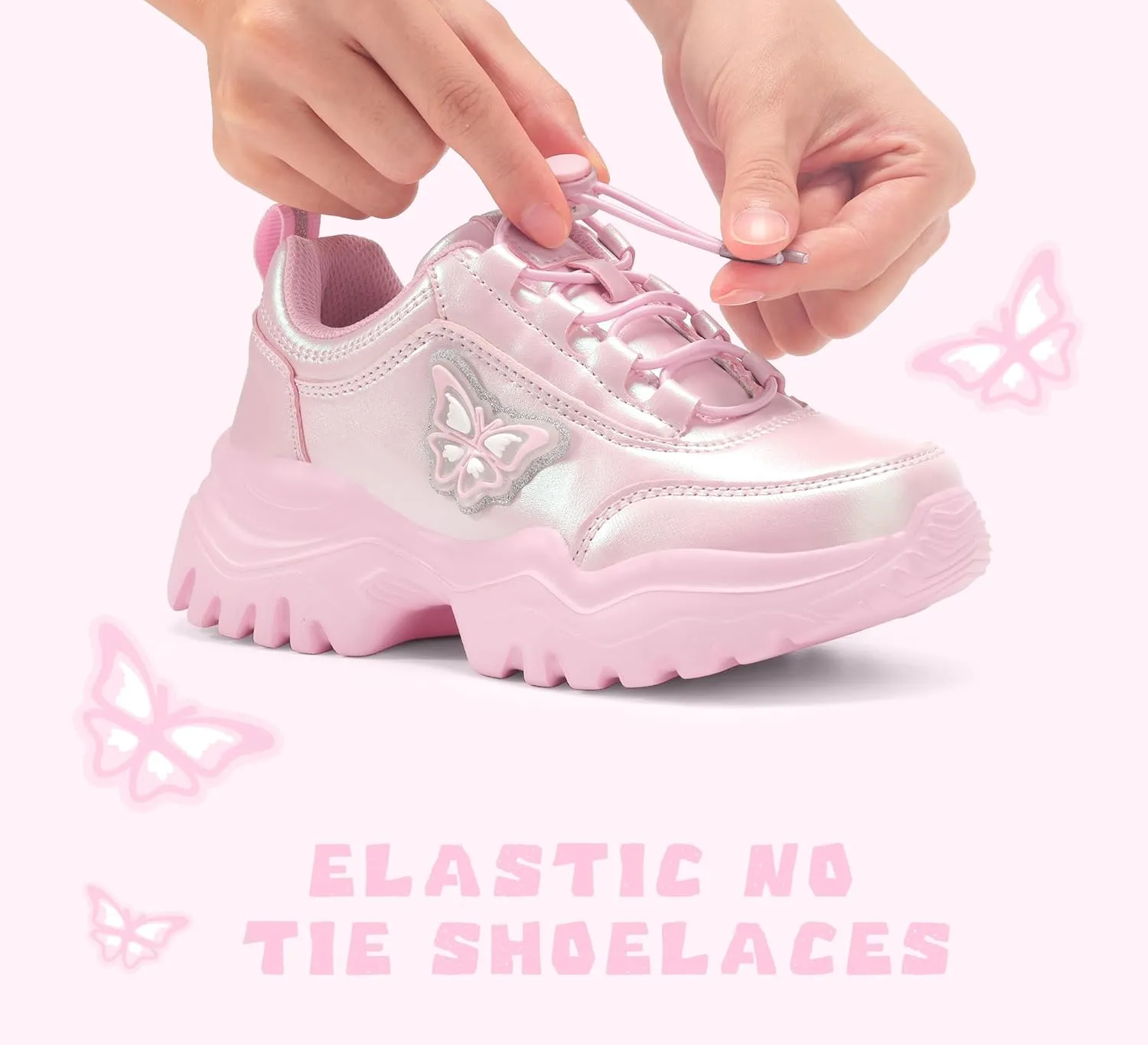LUCKY STEP Kids Chunky Sneakers Fashion Platform Walking Tennis Shoe Sparkly Butterfly Faux Leather Elastic No-tie Laces School Shoes for Girls Boys
