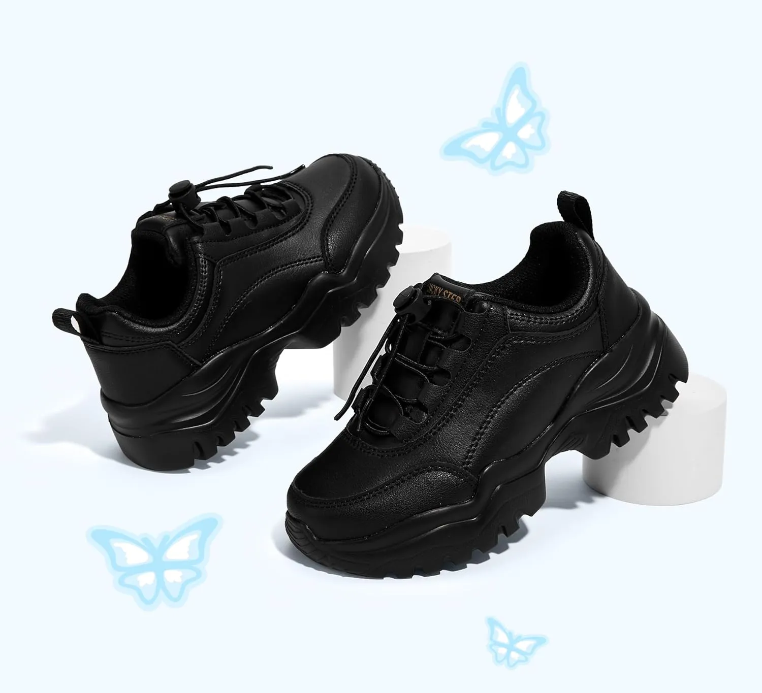 LUCKY STEP Kids Chunky Sneakers Fashion Platform Walking Tennis Shoe Sparkly Butterfly Faux Leather Elastic No-tie Laces School Shoes for Girls Boys