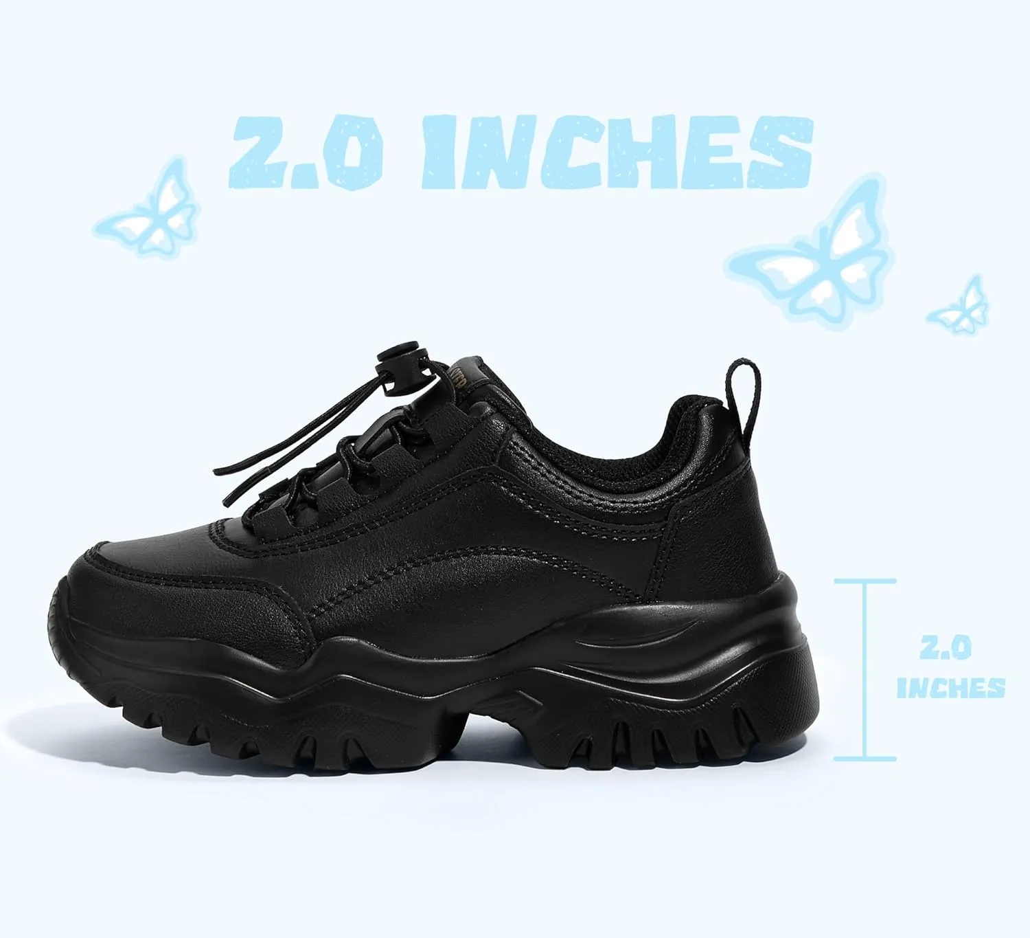 LUCKY STEP Kids Chunky Sneakers Fashion Platform Walking Tennis Shoe Sparkly Butterfly Faux Leather Elastic No-tie Laces School Shoes for Girls Boys