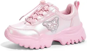LUCKY STEP Kids Chunky Sneakers Fashion Platform Walking Tennis Shoe Sparkly Butterfly Faux Leather Elastic No-tie Laces School Shoes for Girls Boys