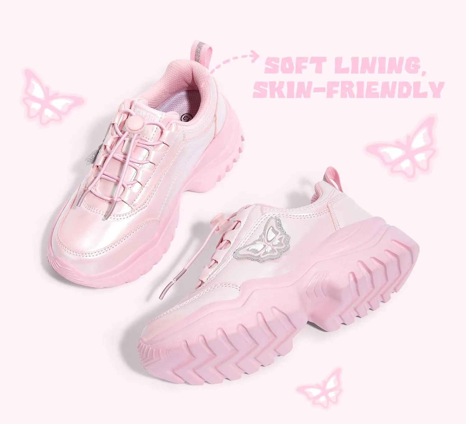 LUCKY STEP Kids Chunky Sneakers Fashion Platform Walking Tennis Shoe Sparkly Butterfly Faux Leather Elastic No-tie Laces School Shoes for Girls Boys