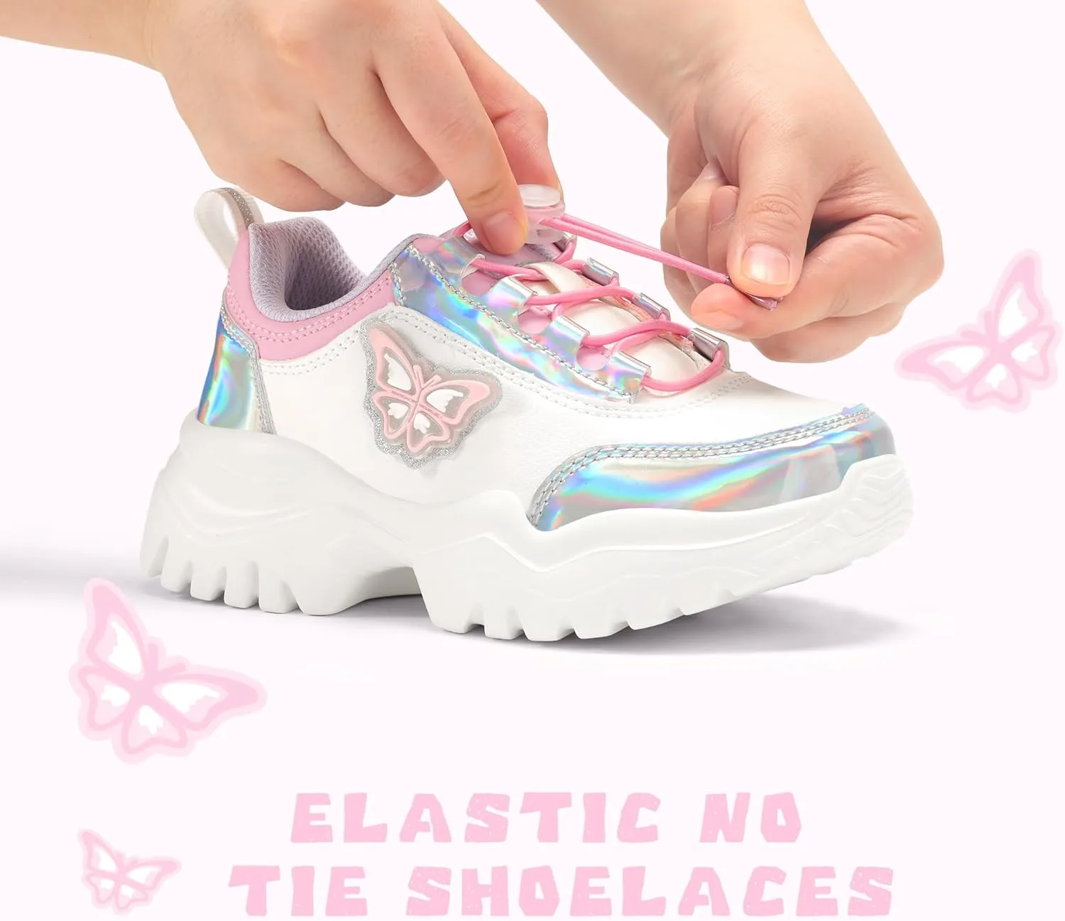 LUCKY STEP Kids Chunky Sneakers Fashion Platform Walking Tennis Shoe Sparkly Butterfly Faux Leather Elastic No-tie Laces School Shoes for Girls Boys