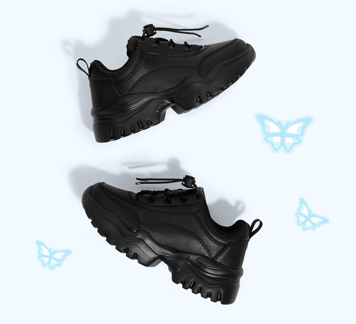 LUCKY STEP Kids Chunky Sneakers Fashion Platform Walking Tennis Shoe Sparkly Butterfly Faux Leather Elastic No-tie Laces School Shoes for Girls Boys