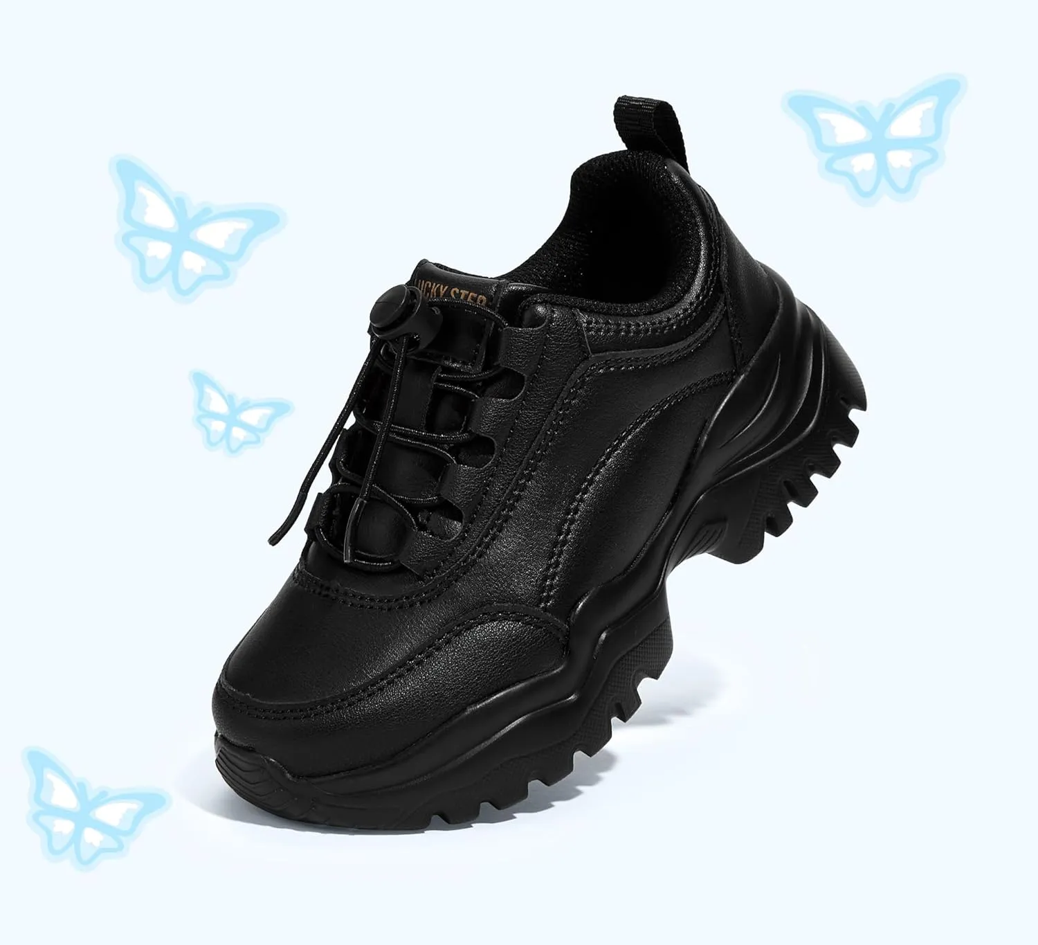LUCKY STEP Kids Chunky Sneakers Fashion Platform Walking Tennis Shoe Sparkly Butterfly Faux Leather Elastic No-tie Laces School Shoes for Girls Boys